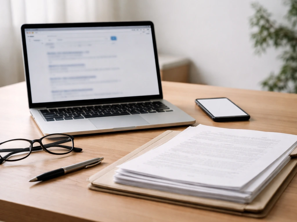 Minimal desk with laptop, phone, and stacked paperwork for verifying public claims