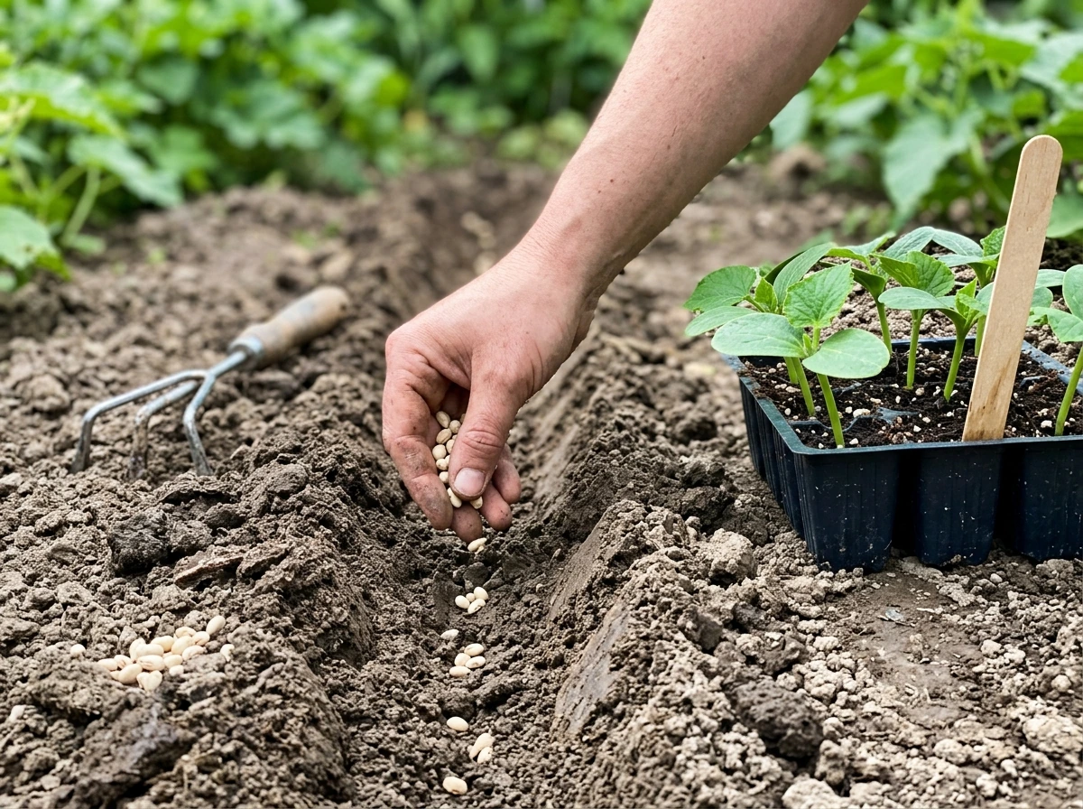 Hand sowing bush bean seeds into a June garden bed furrow.