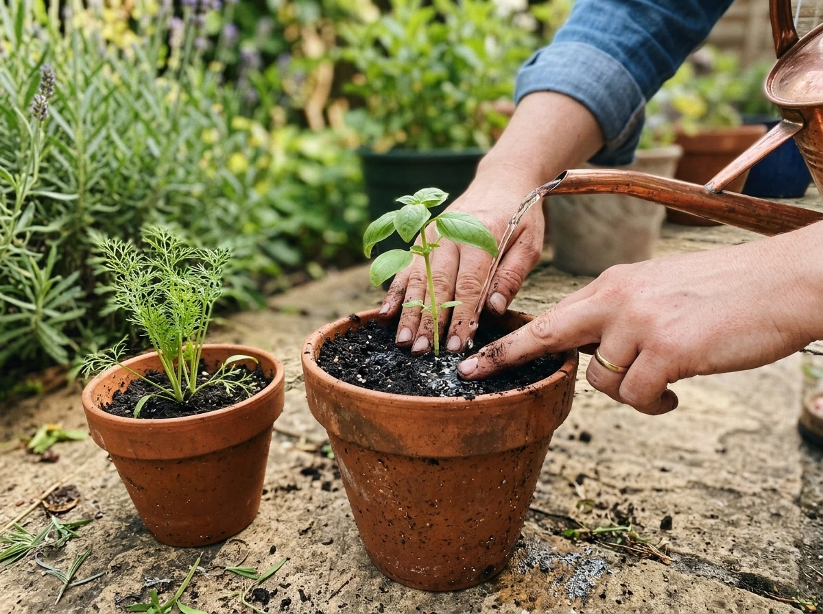 Basil transplant being potted beside dill in small containers.
