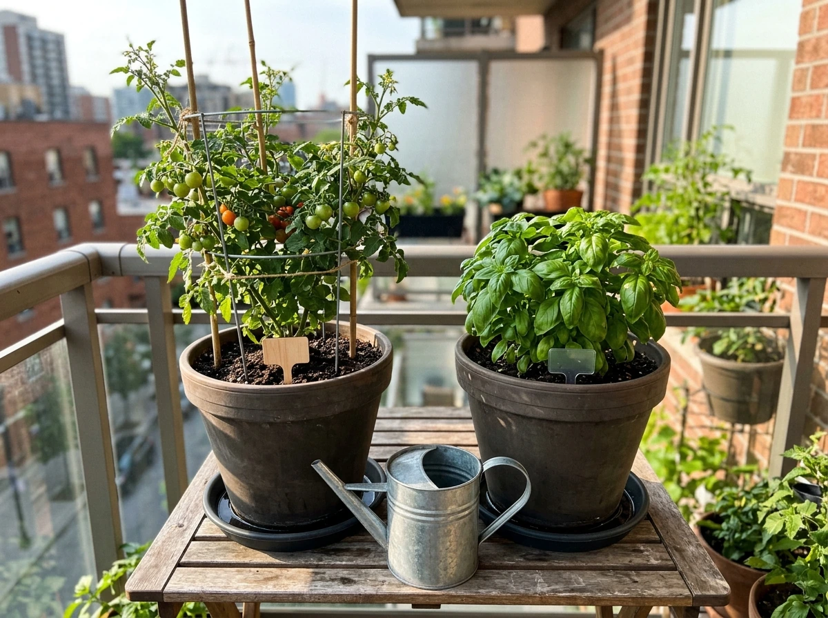 Balcony containers with cherry tomatoes and basil on a sunny day.