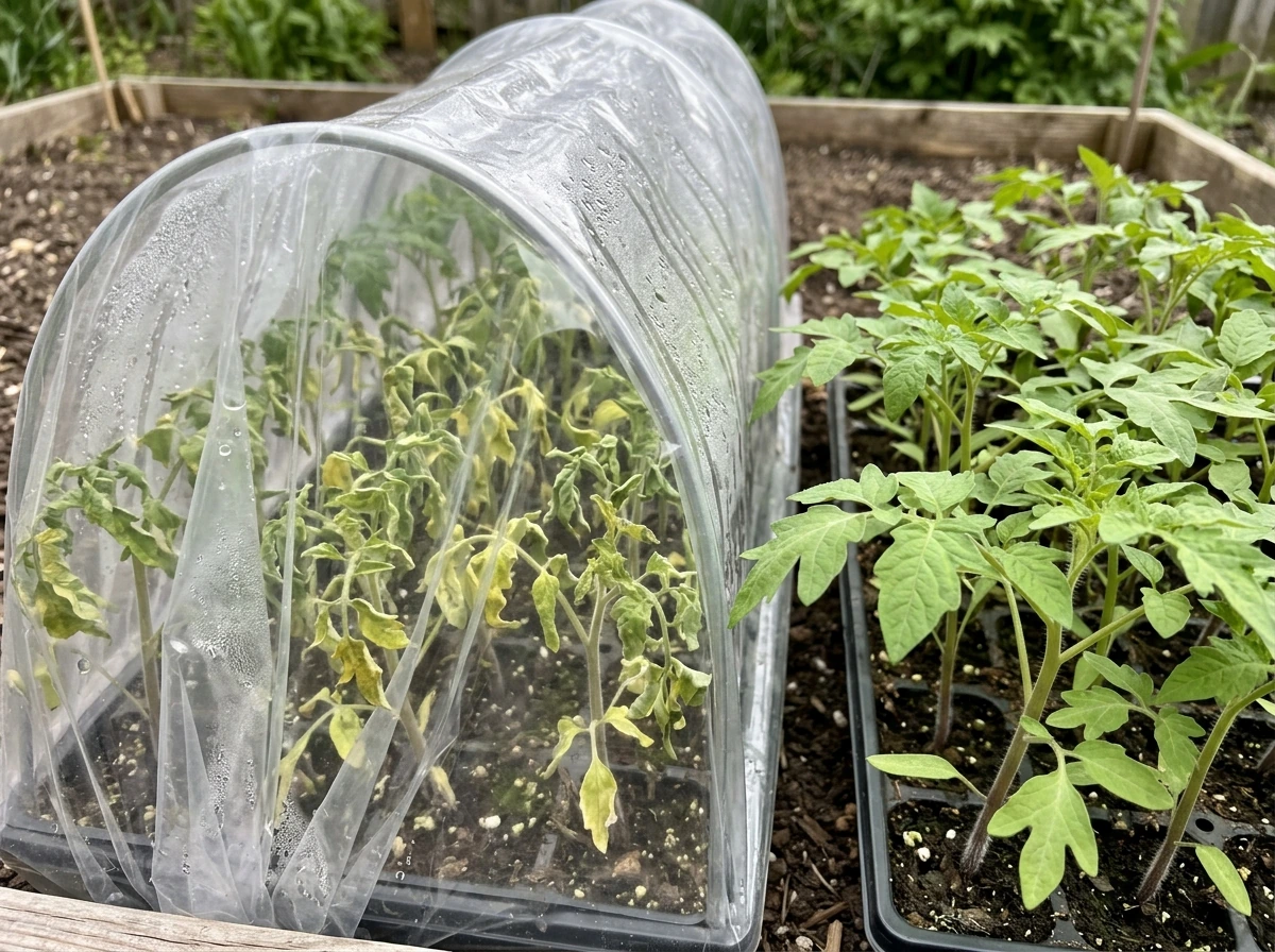 Comparison of wilted vs healthy tomato seedlings illustrating a timing mistake.