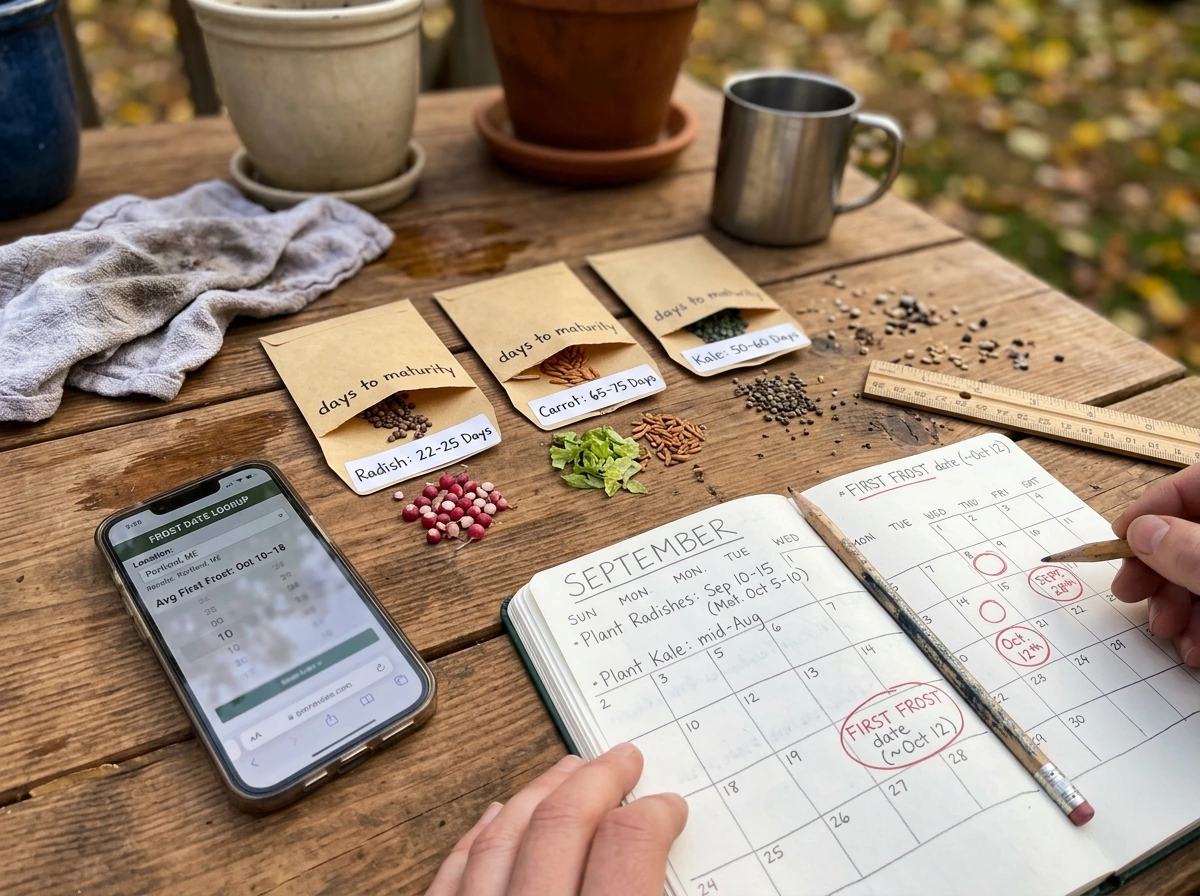 Seed packets and calendar showing days to maturity matched to first frost date