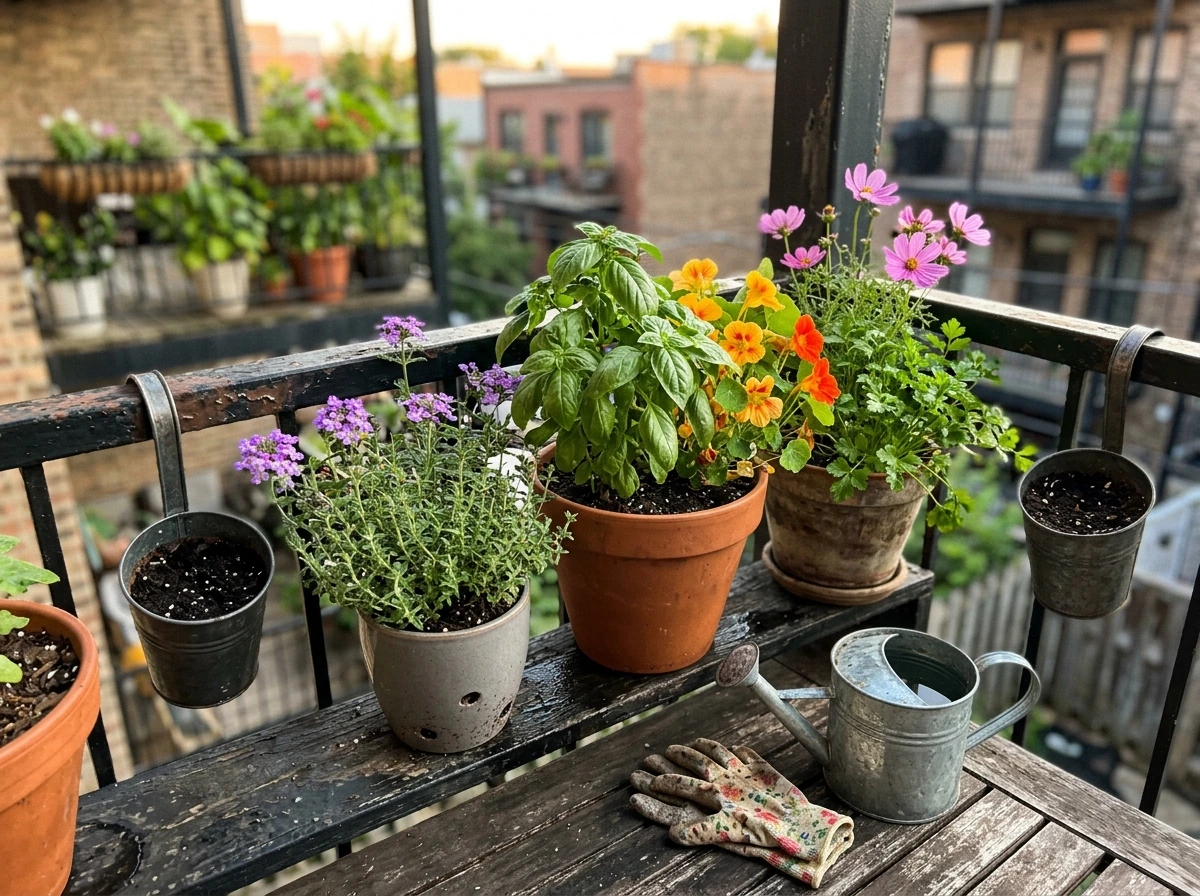 Compact late-summer container with colorful blooms and herbs, sheltered from early frost