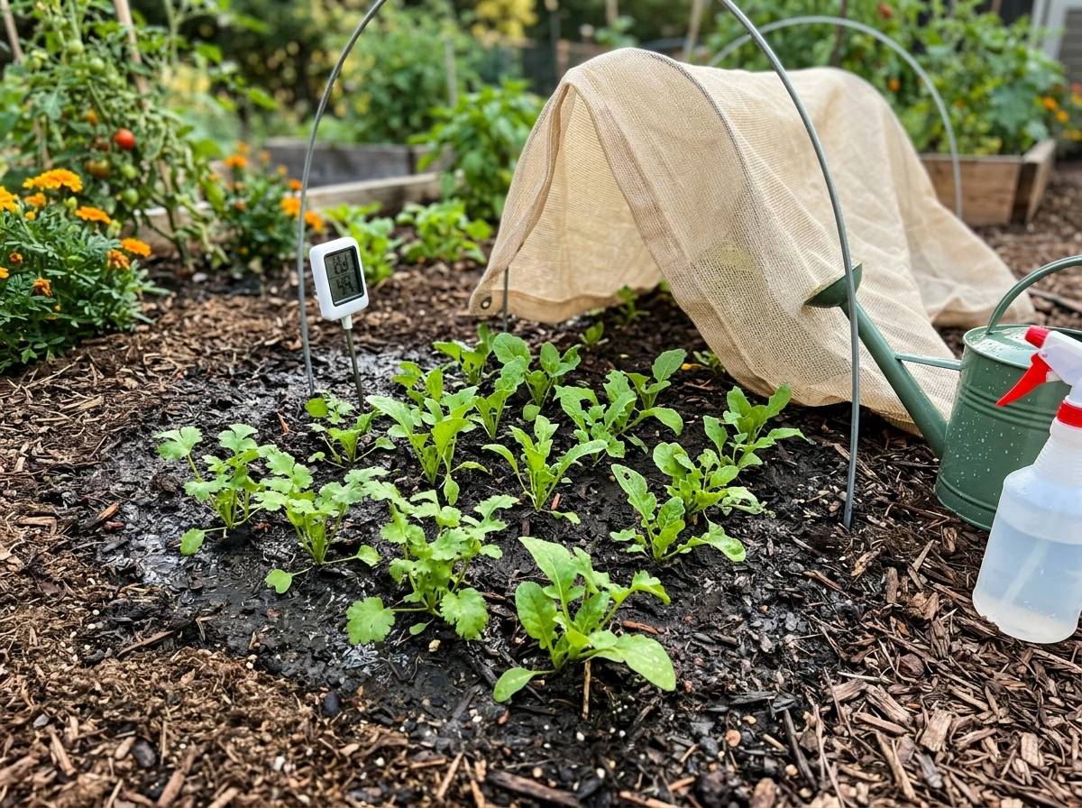 Young seedlings mulched and watered to reduce heat stress in late summer