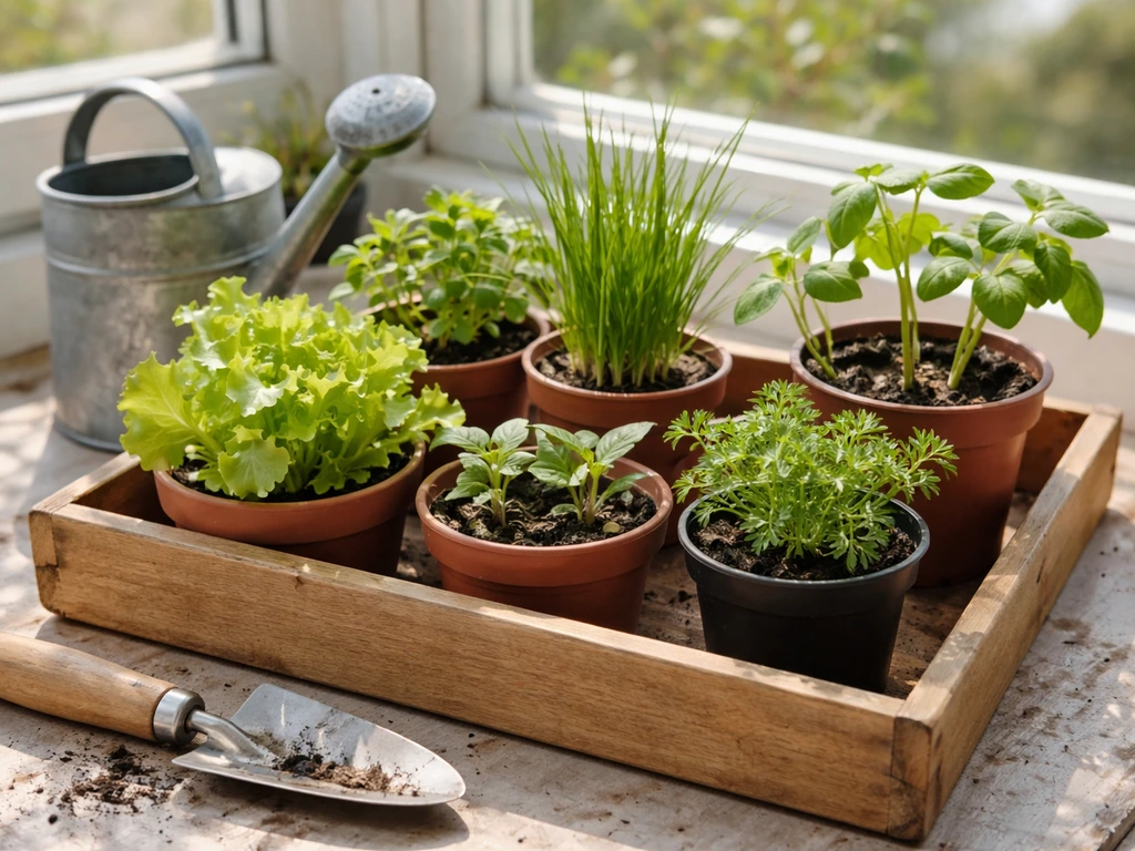 Compact tray of small, healthy seedlings and herbs in containers for an easy beginner garden