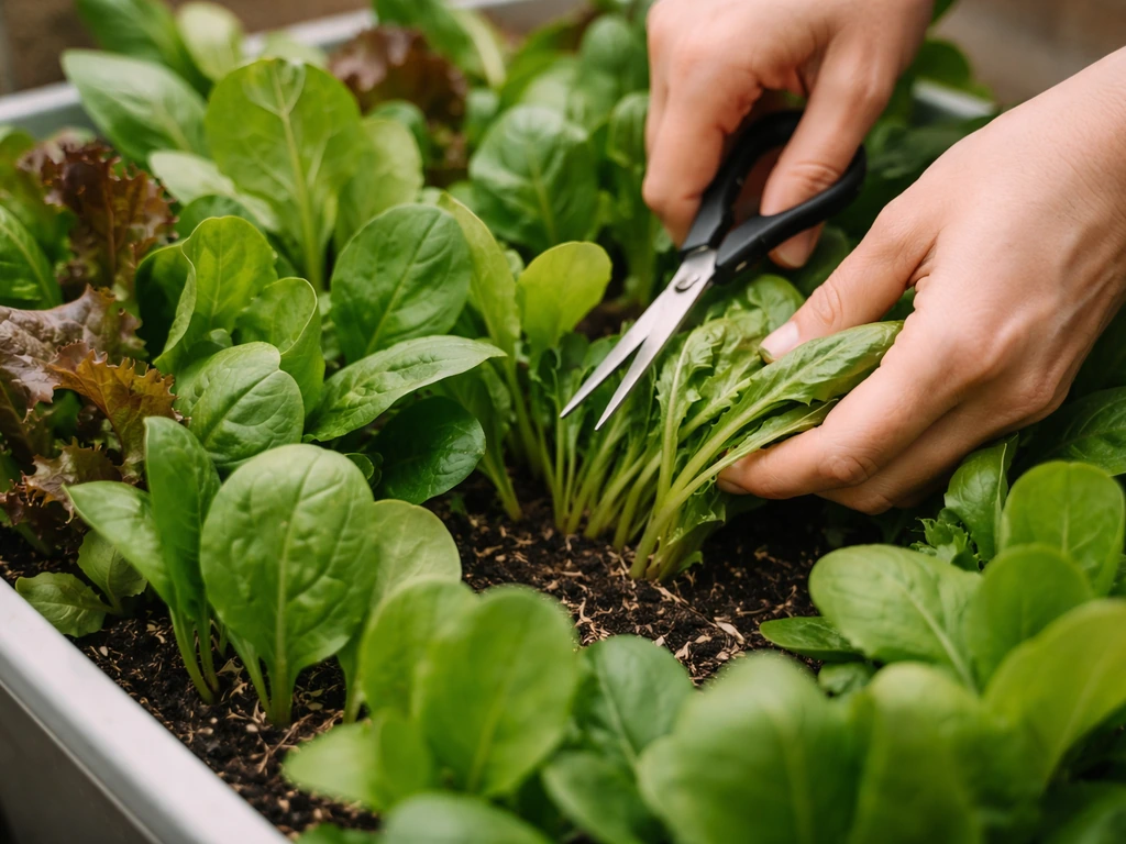 Anonymous hands snip outer leaves from a dense mesclun/lettuce planter for continuous harvest.