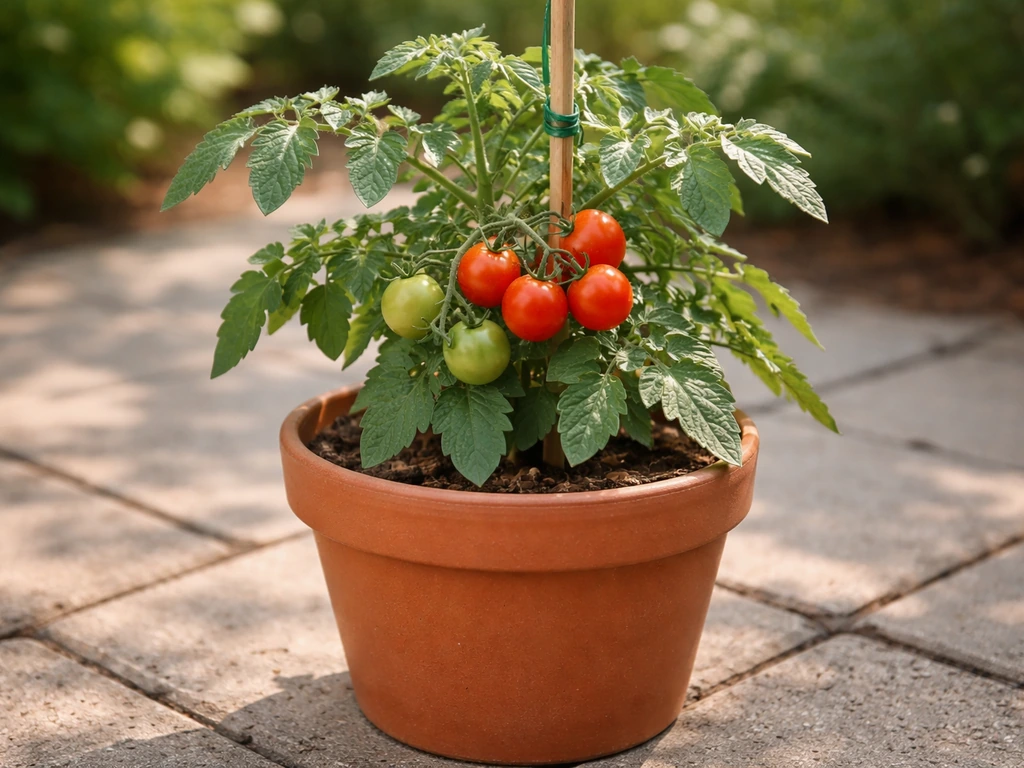 Compact determinate tomato plant in a patio pot with a small stake and a few ripening fruits.