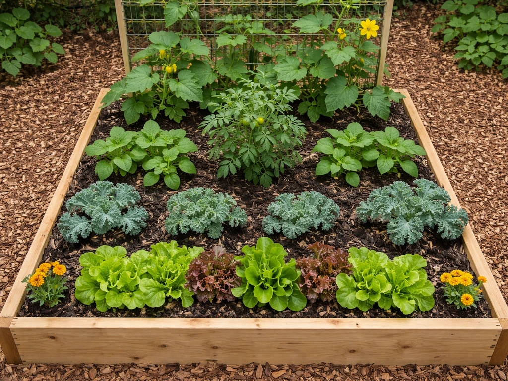 Top-down view of a 4x4 raised garden bed with trellis cucumbers, a central tomato, and front greens.