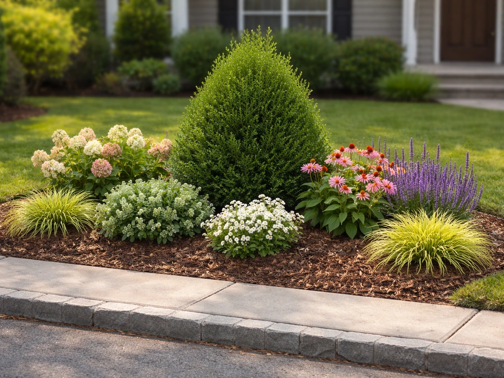 View from street of front-yard plantings with evergreen structure and flowering accents in mixed soil beds.