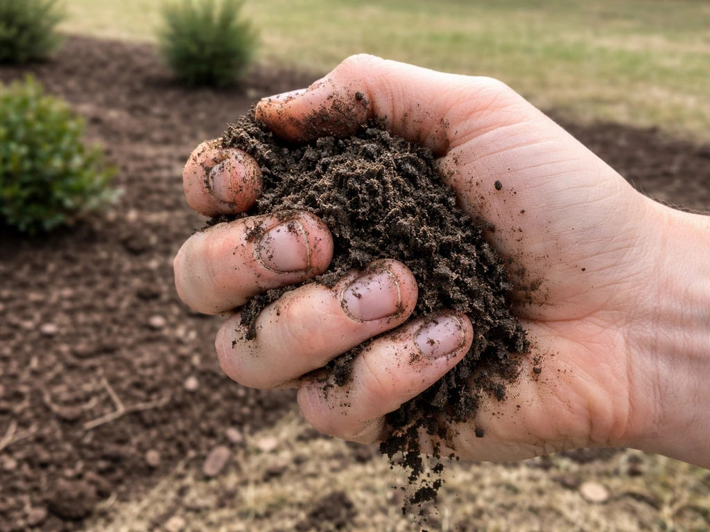 Close-up of hands squeezing a handful of soil with a simple front yard planting bed blurred behind