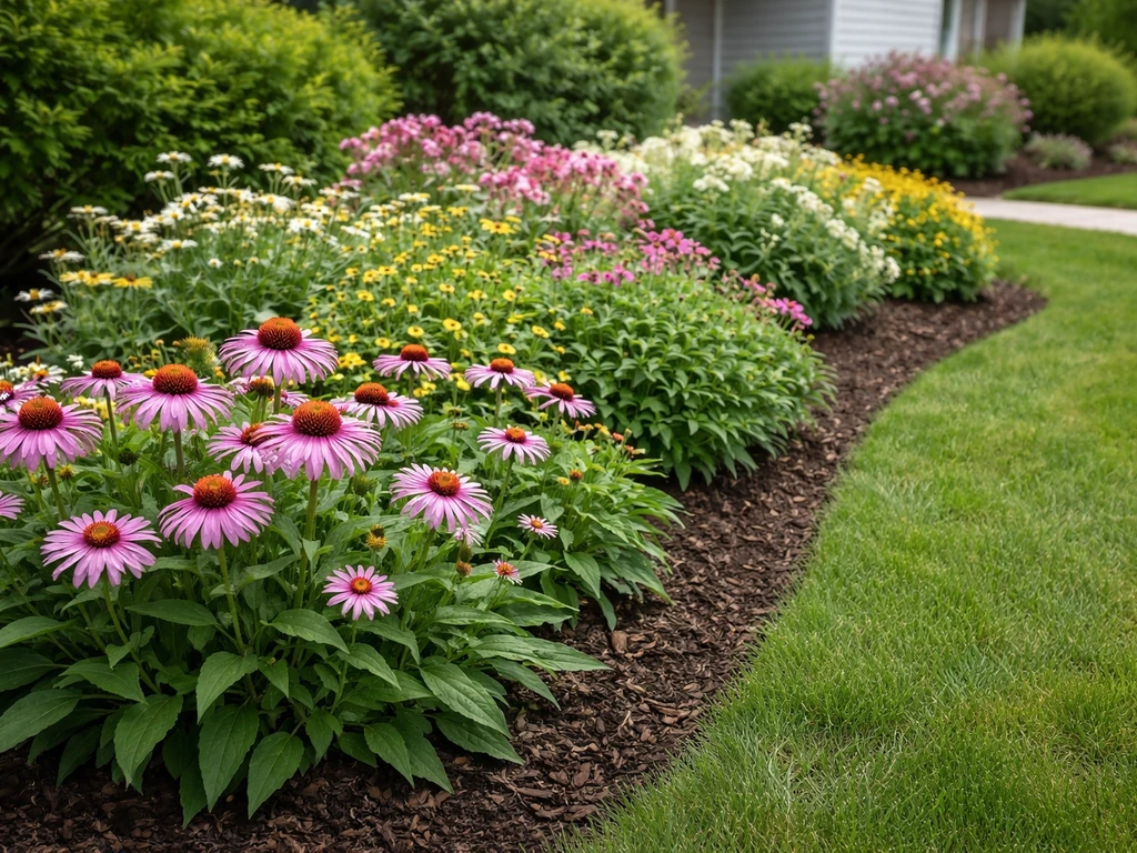 Layered curb-appeal flower bed with coneflowers and other blooms at different stages in front of a home