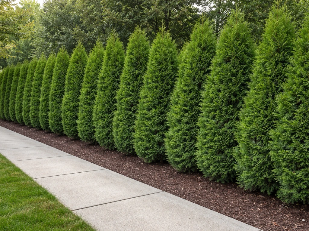 Dense emerald-green evergreen hedge provides privacy along a front walkway and driveway edge.