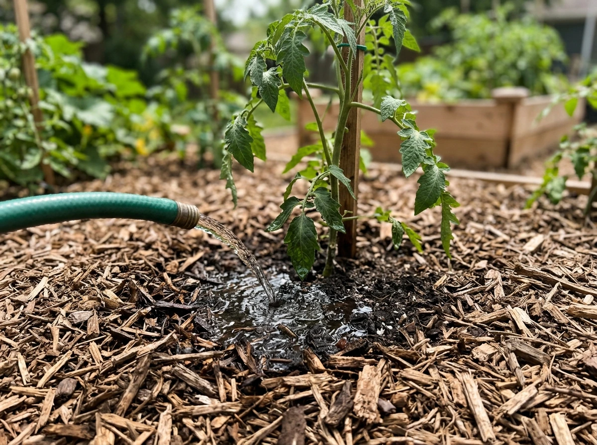 Watering a mulched plant at the base to prevent heat stress