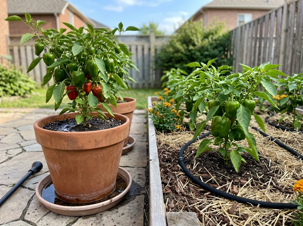 Containers and in-ground beds side by side for summer growing