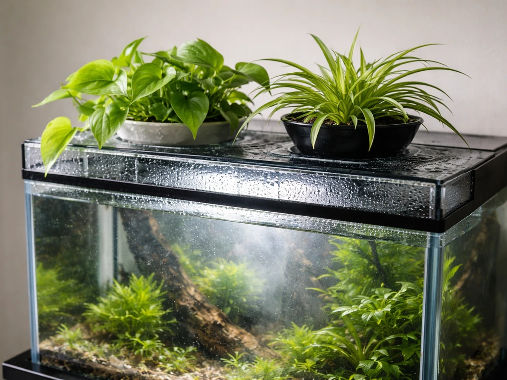 Condensation on aquarium lid edges with pothos and spider plant in shallow pots on the top ledge.