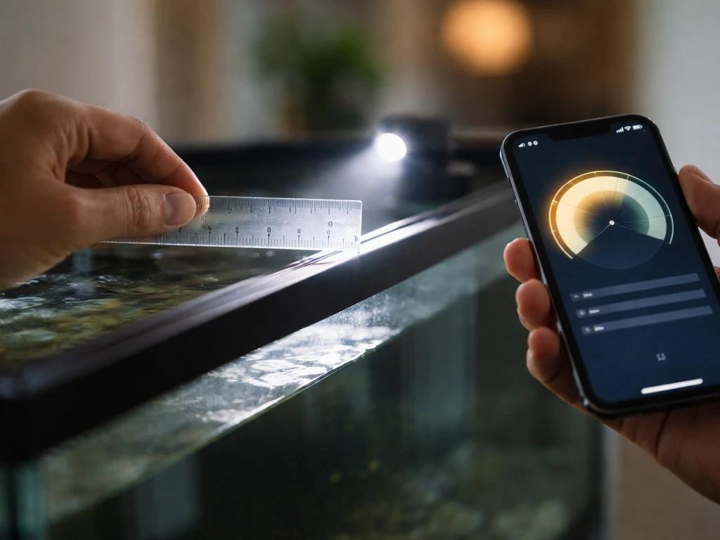 Person measures light and space on an aquarium rim with a phone app and small ruler