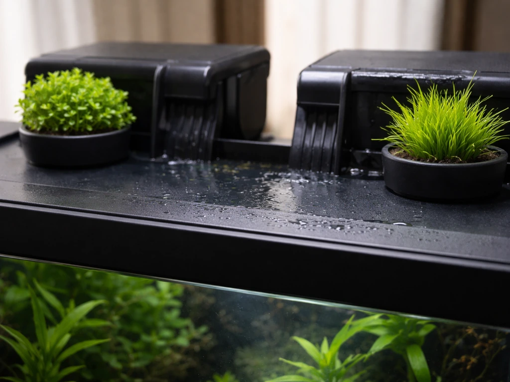 Close-up of aquarium lid ledge showing narrow splash zone and compact shallow planters by filter housing.