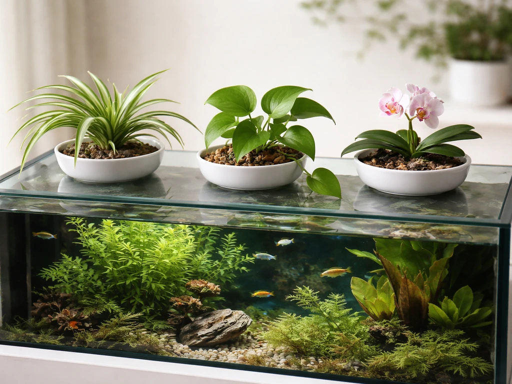 Three different potted houseplants on top of a glass aquarium rim, tidy and evenly spaced.