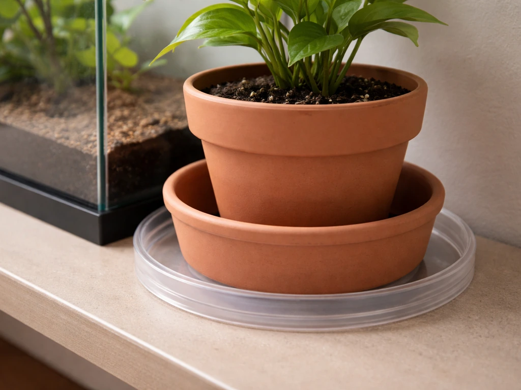 Aquarium-side setup showing a pot nested in a drip tray with a silicone barrier to prevent leaks.