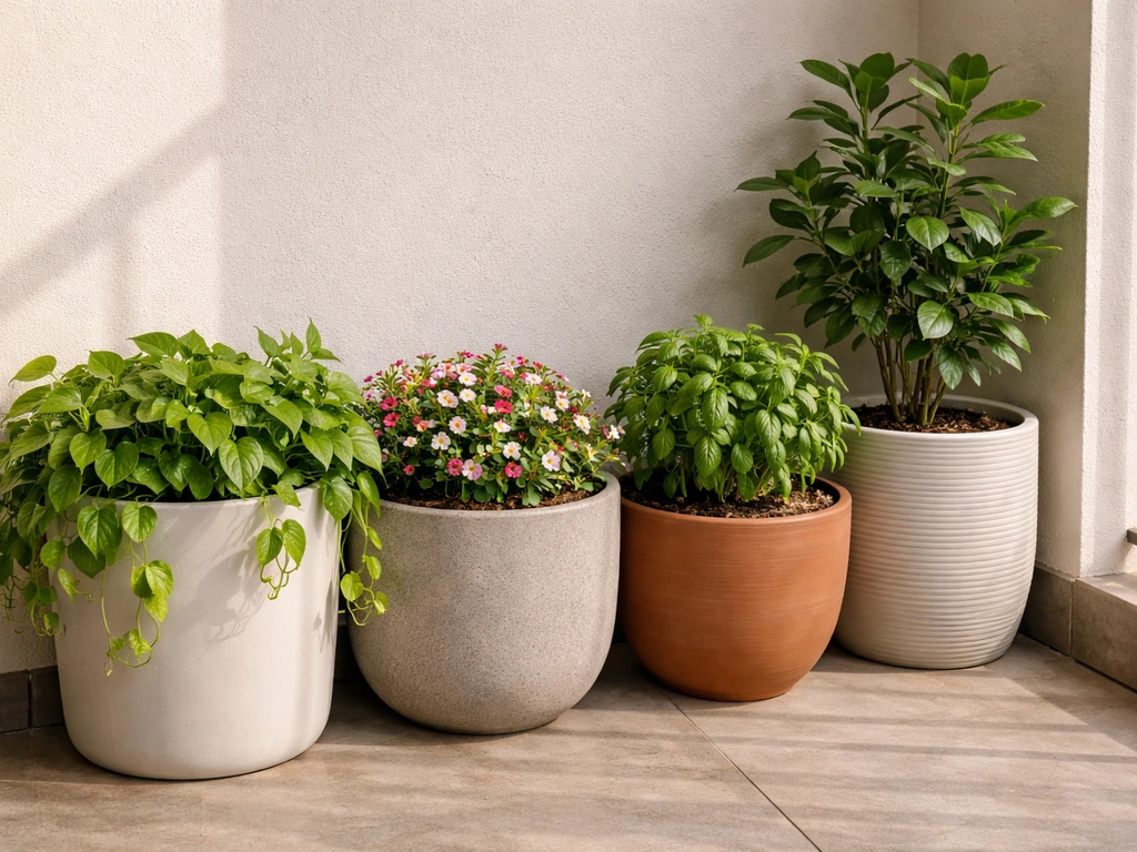 Thriving patio containers with mixed leafy plants, small flowers, and a potted herb on a balcony rail