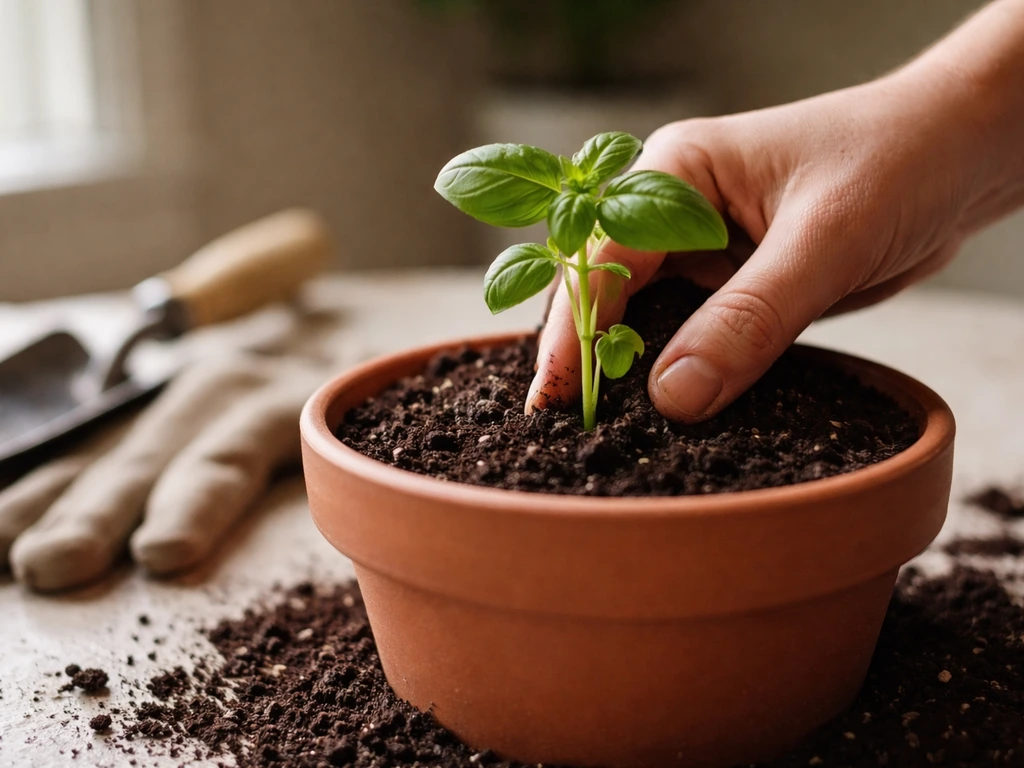 Hand gently placing a small potted plant in a container, showing root depth and spacing