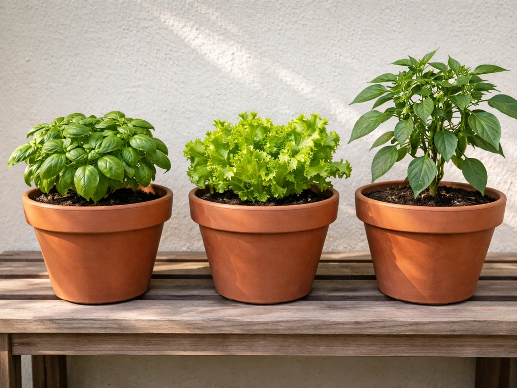 Potted basil, lettuce, and pepper plants in a small patio garden showcasing different container needs