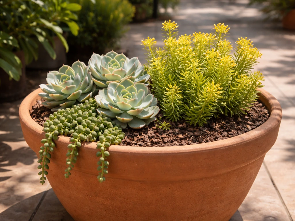 Two matched-needs plants in a shared container on a sunny patio, showing a successful pairing