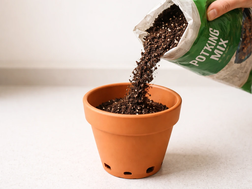 Hand pouring potting mix into a terracotta container with visible drainage holes on a clean counter.