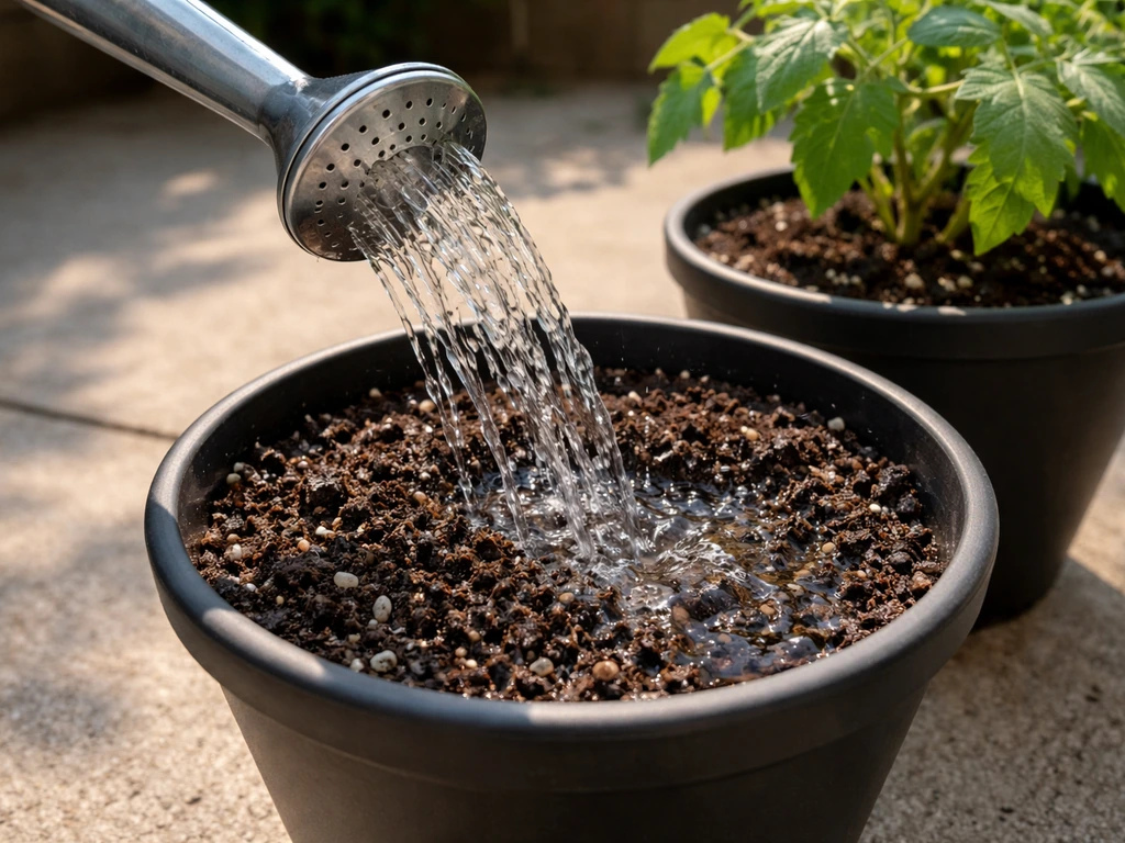 Watering a single potted plant from a can spout, with moist potting mix visible at the top layer.