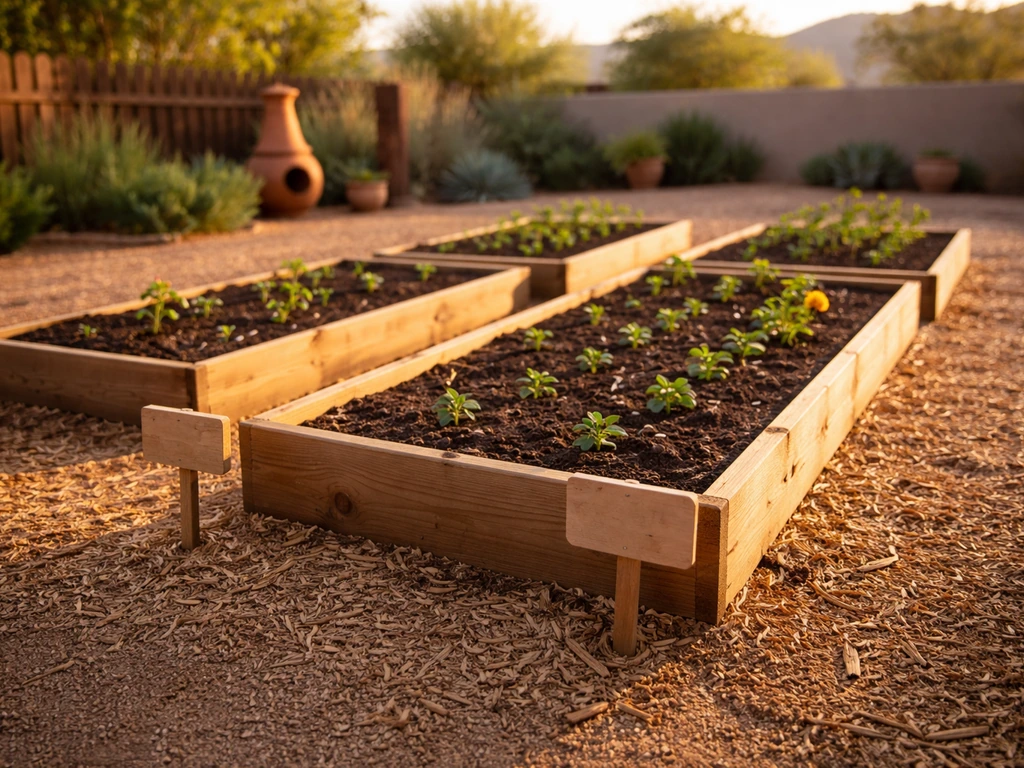 Bright New Mexico raised garden beds with seedlings and blank season signs in early spring light.