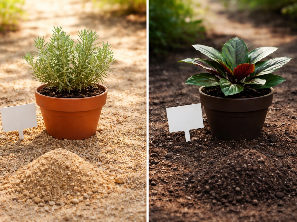 Split photo of two garden spots: sunny sandy soil vs shaded darker soil with potted plants and blank tags.