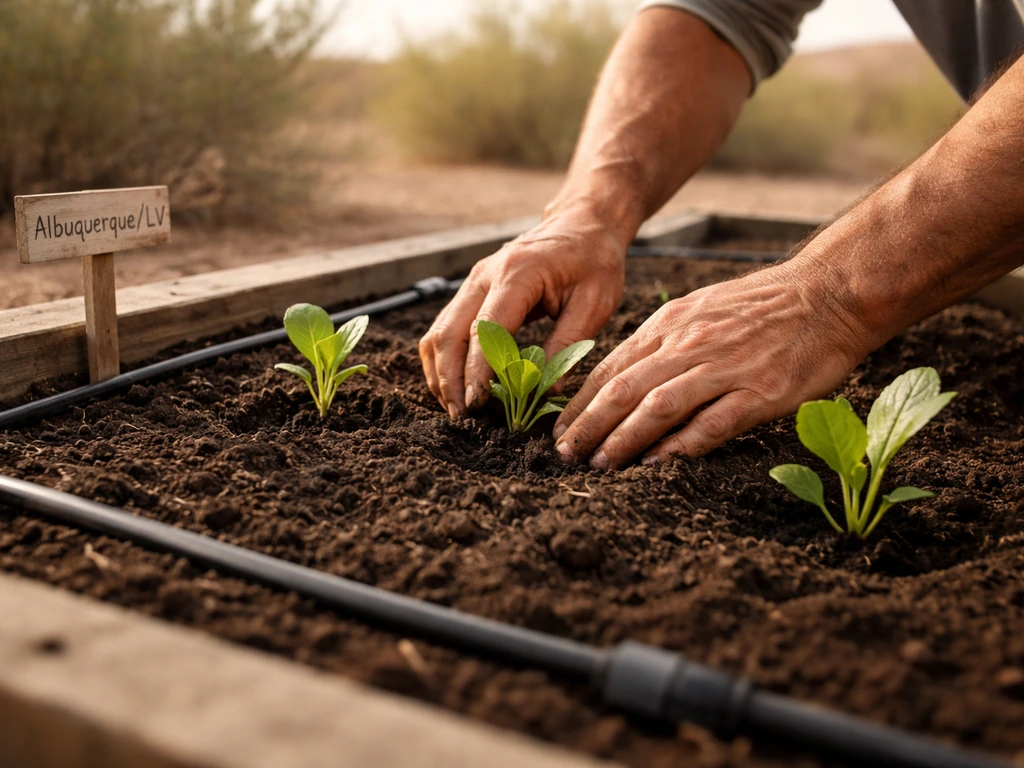 Warm-season transplants placed in a raised garden bed in a desert backyard, warm-season season marker visible