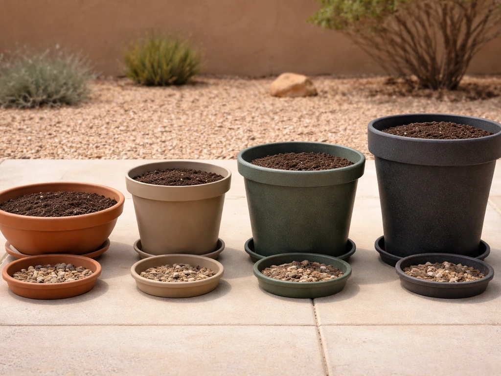 Assorted soil-filled planters of different depths with small drainage trays on a patio on natural light