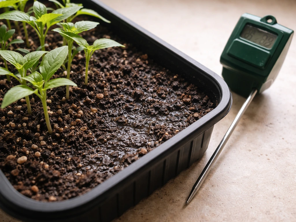Closeup of healthy seedlings beside damp overwatered soil in a tray with a simple moisture-check tool