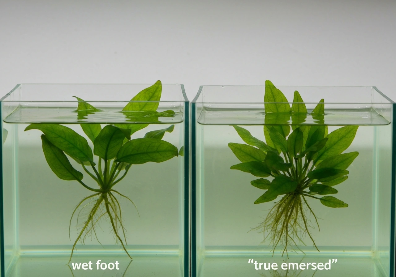 Aquarium plant stems: waterline cutting through leaves for wet-feet vs leaves fully above water for true emersed.