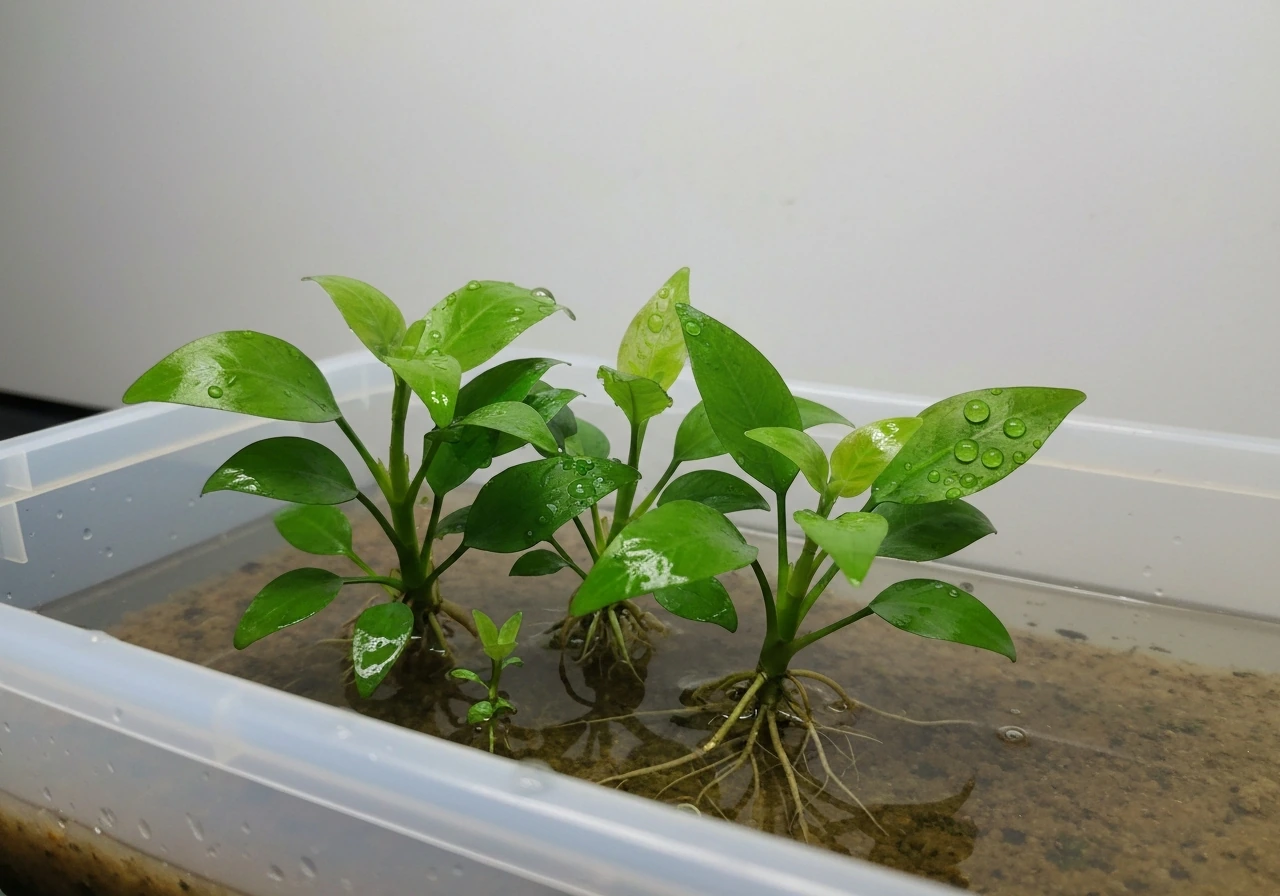 Emersed aquarium plants in a shallow bin with wet substrate, leaves visibly growing above the waterline.