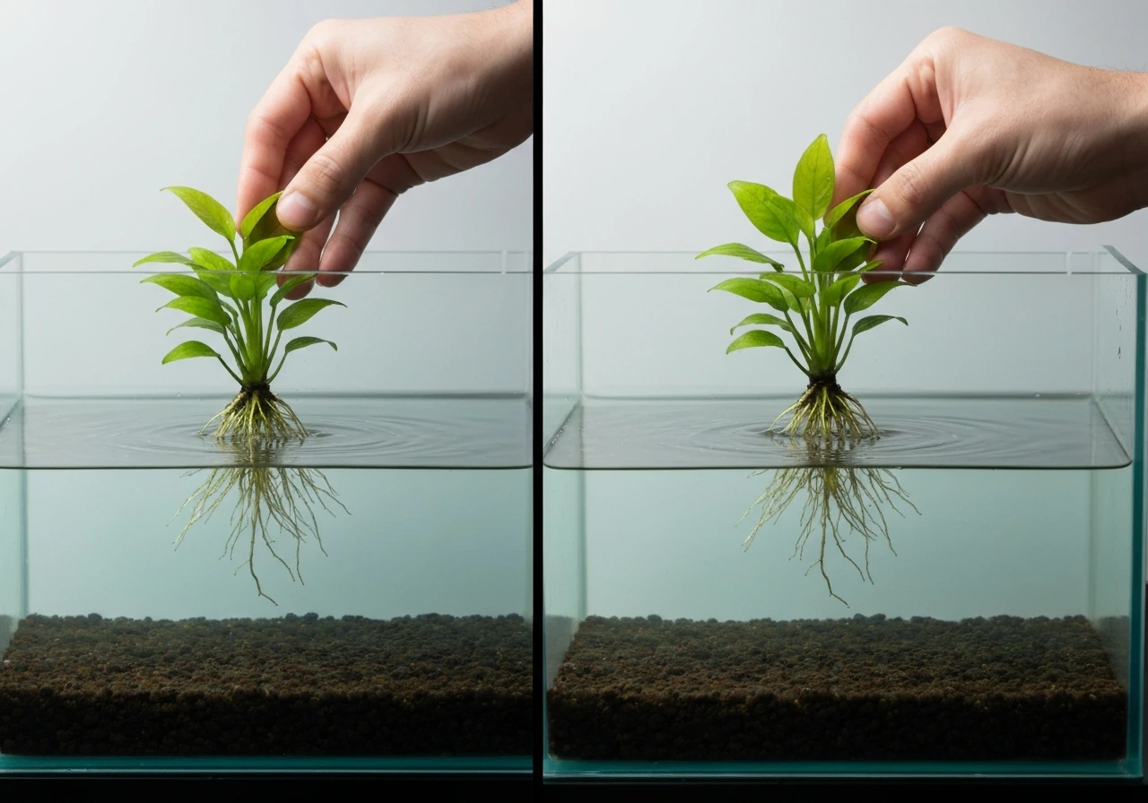 Hands lift a plant from aquarium water and place it into wet substrate above the waterline.