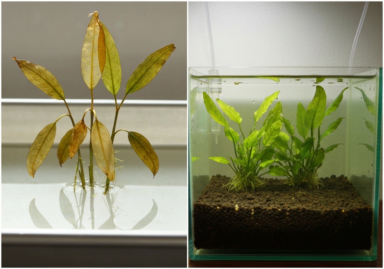 Aquatic plants with leaf melting beside a corrected setup with lower water and healthier leaves.