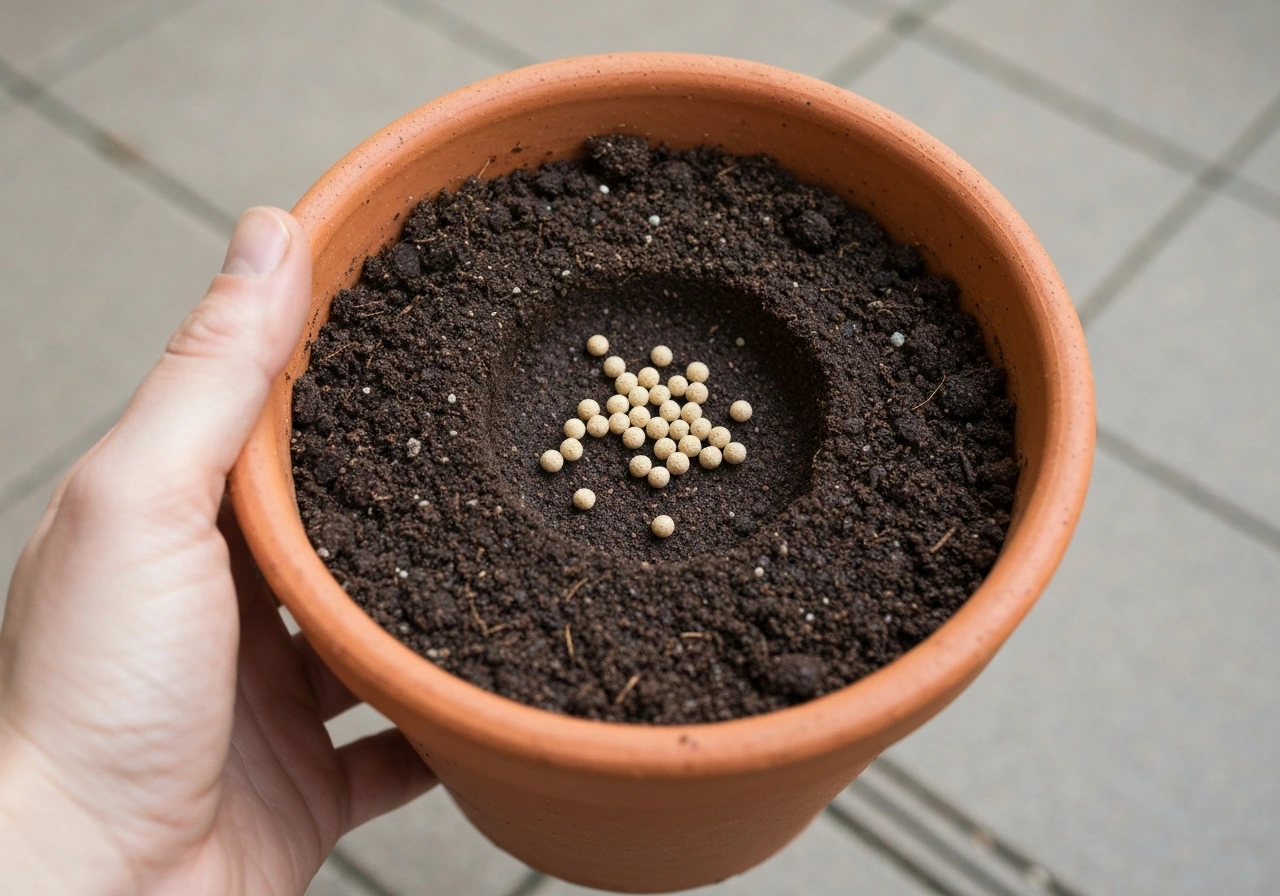 Close-up of a pot with quality potting mix and a small amount of slow-release fertilizer mixed in.