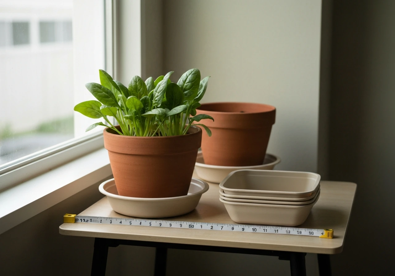 Pots of leafy greens on a windowsill with simple distance marker and trays ready for rotating