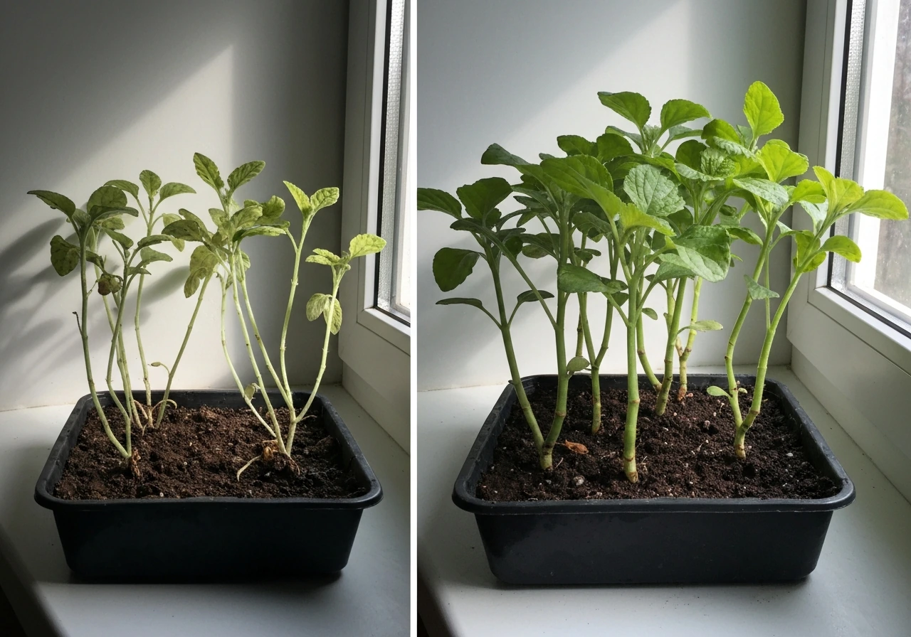 Side-by-side before/after of leggy low-light seedlings vs upright healthier seedlings by a bright window.