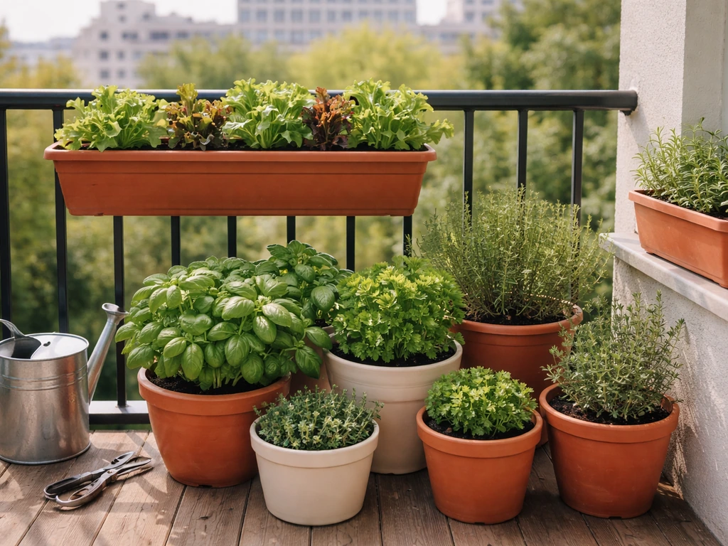 Small balcony container garden with lush herbs and leafy greens in terracotta pots in natural light.