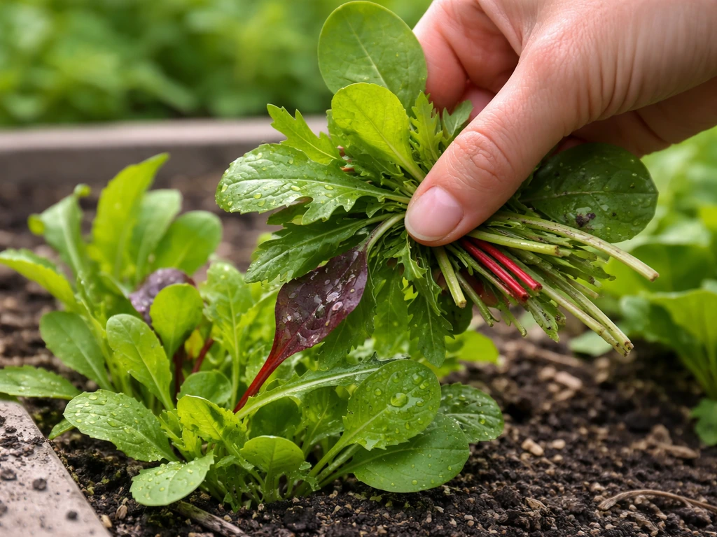 Close-up of freshly harvested cut-and-come-again greens with soil and stems on a kitchen counter.