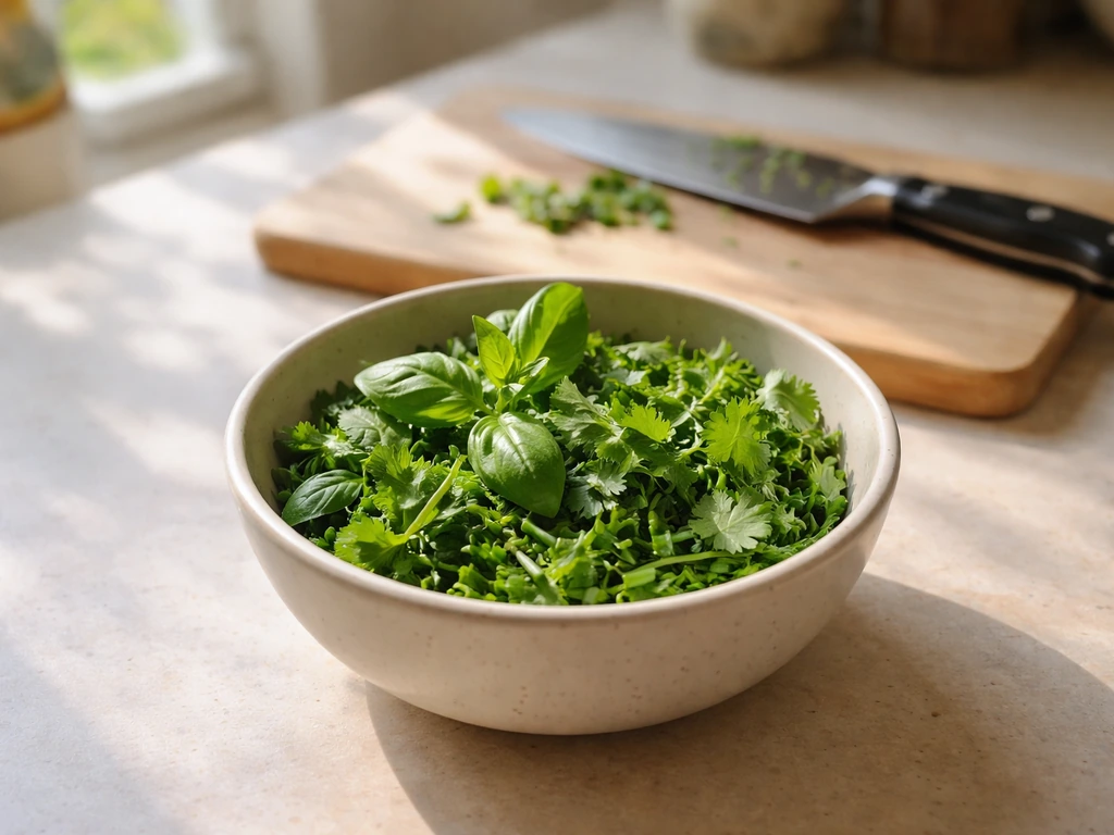 Fresh basil, cilantro, and chives on a countertop, ready for cooking.