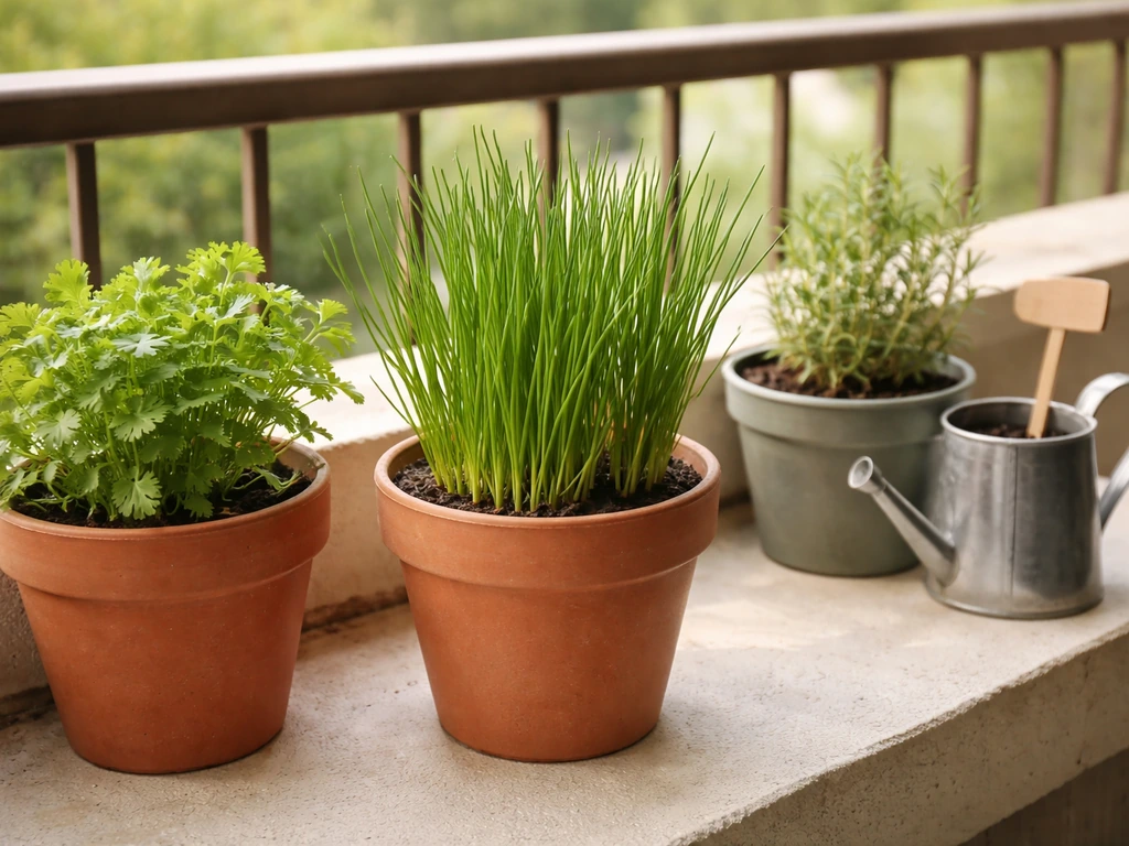Compact balcony windowsill with a small pot of chives and a few herbs in neat containers