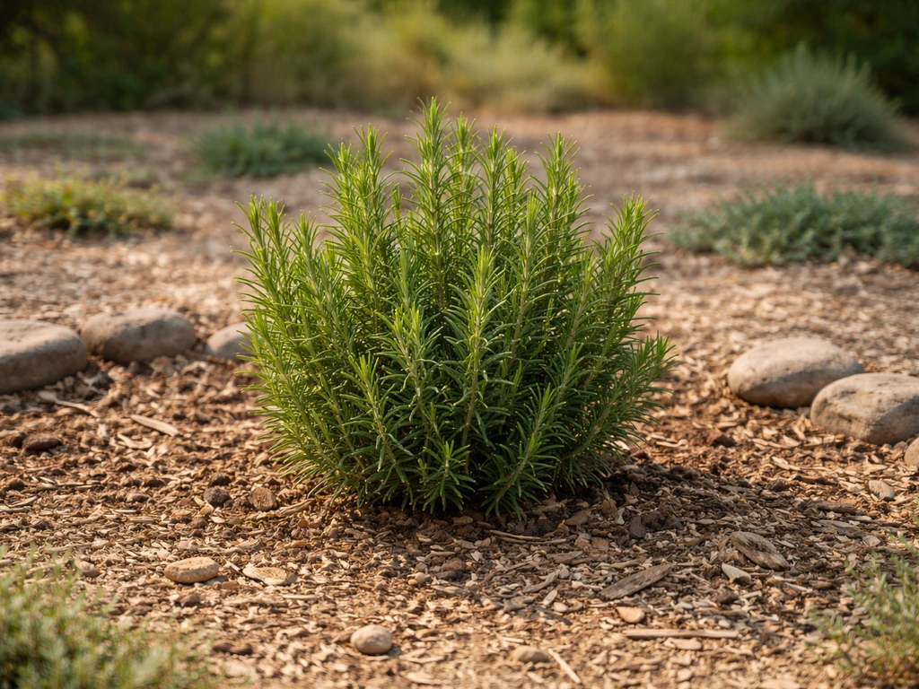 Drought-tolerant rosemary in a simple garden bed with dry mulch and minimal watering, thriving in summer light.