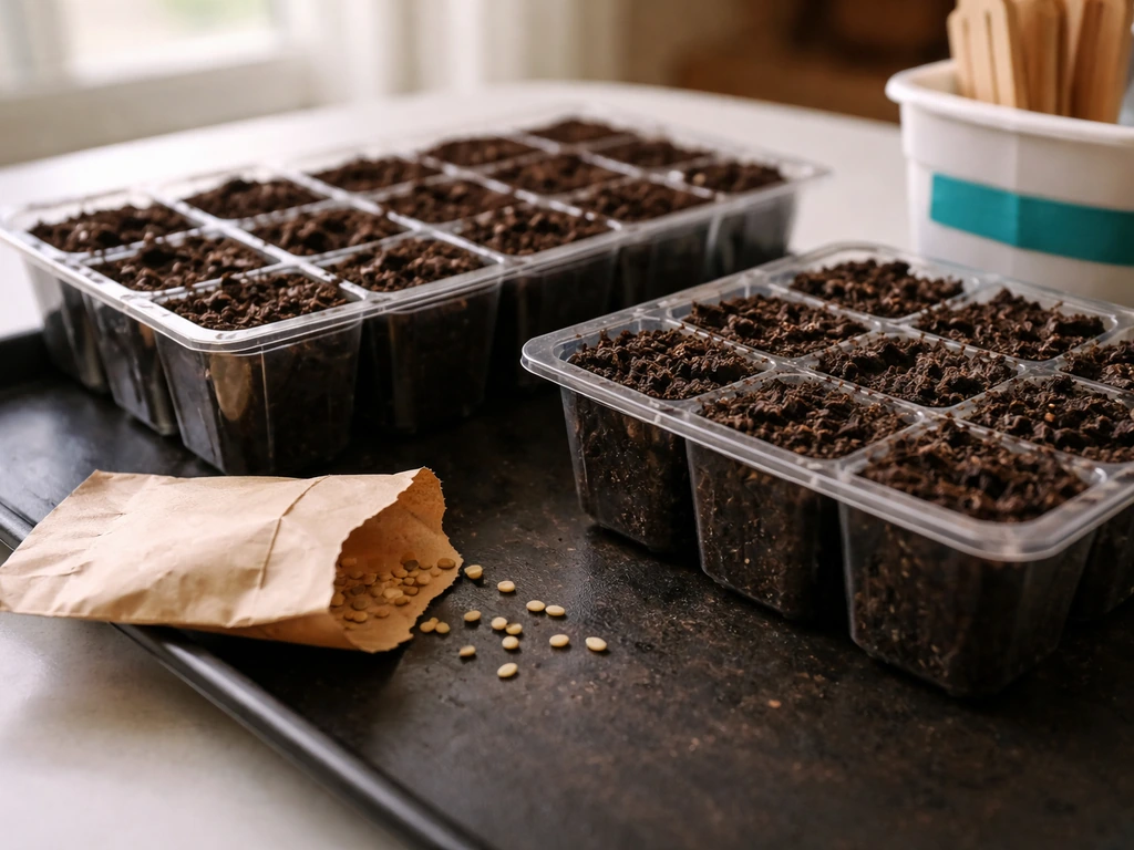 Close-up of tomato seeds and small seed-starting trays on a kitchen table
