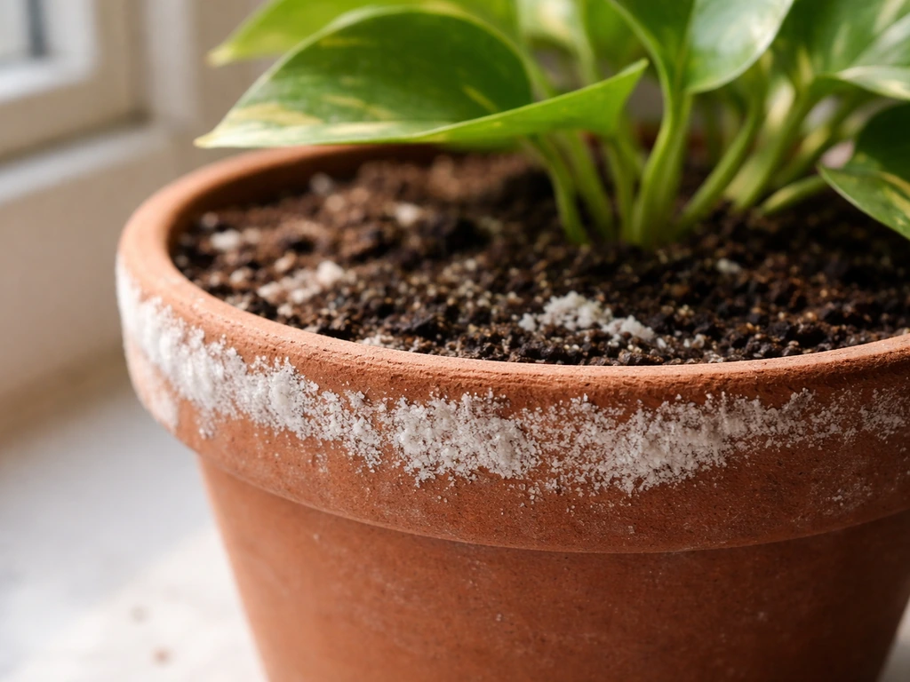 White mineral salt crust on soil surface in a small pot beside a nearby plant.