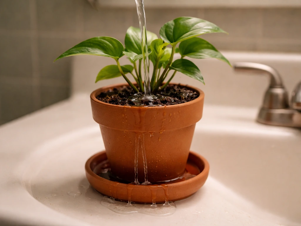 Small potted plant being watered in a bathroom sink, with runoff exiting drainage holes into a tray.