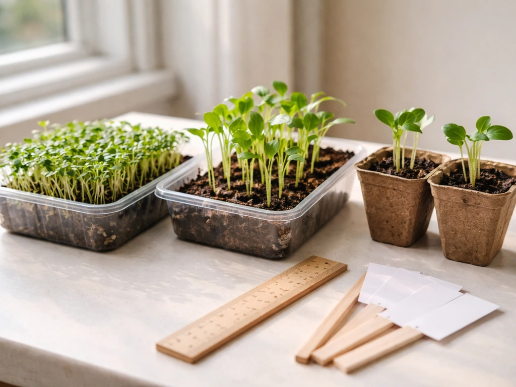 Close-up of quick-growing sprouts in small pots beside a ruler and label tags for measuring growth